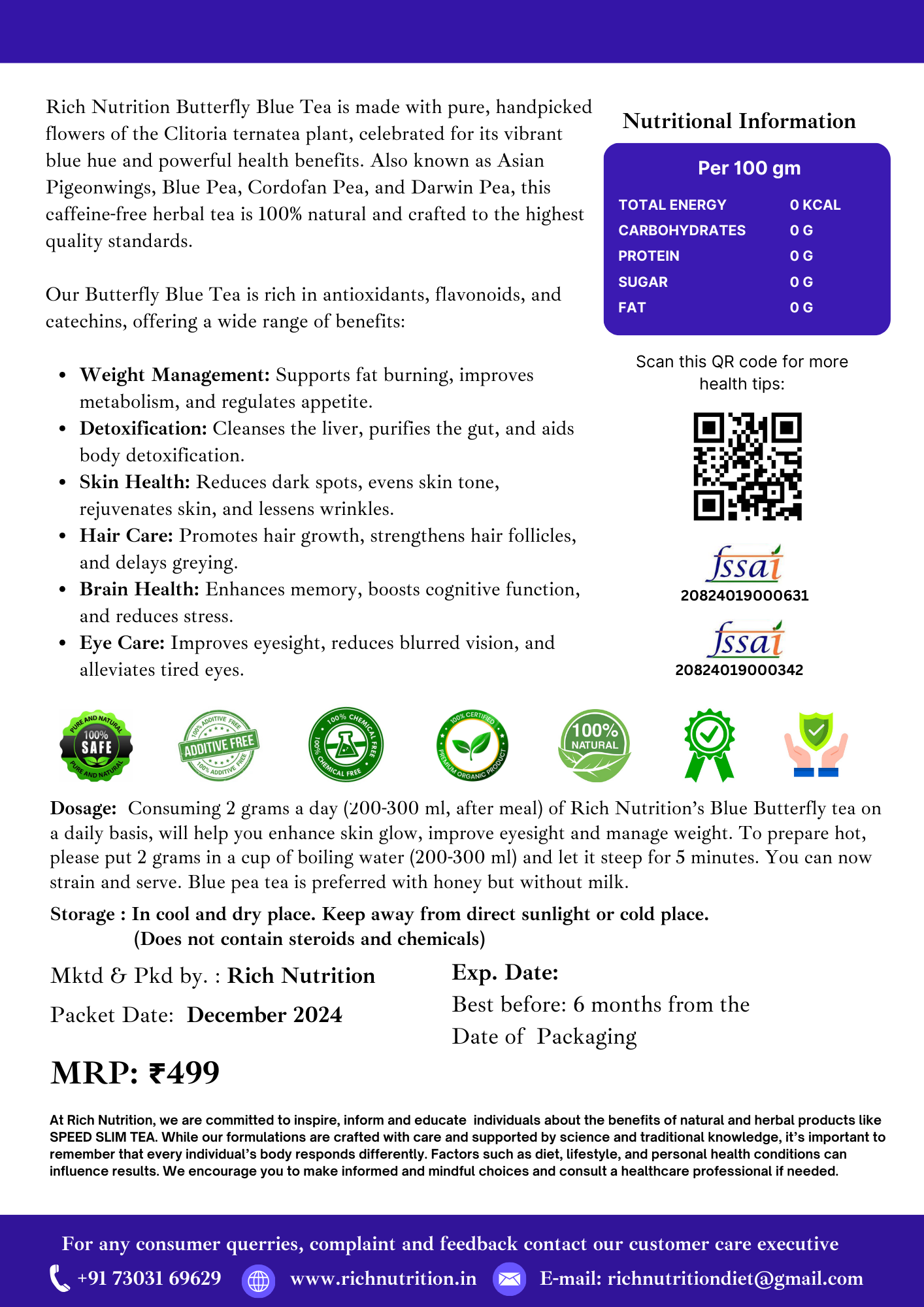 Blue Butterfly Pea Tea - For fat burning, Skin Glow, Hair Growth | 40 grams