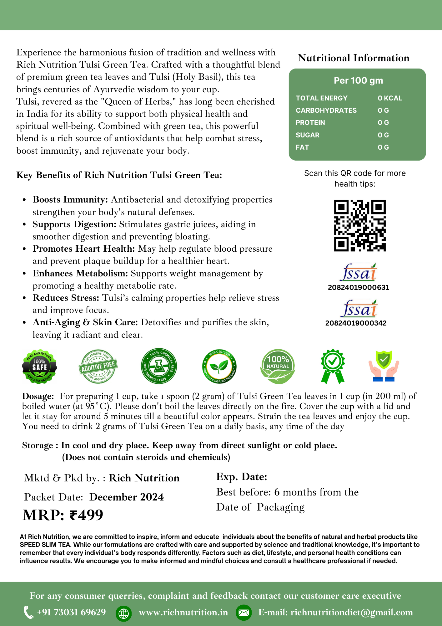 Tulsi Green Tea - Boosts Immunity, Stamina & Metabolism | Rich Nutrition