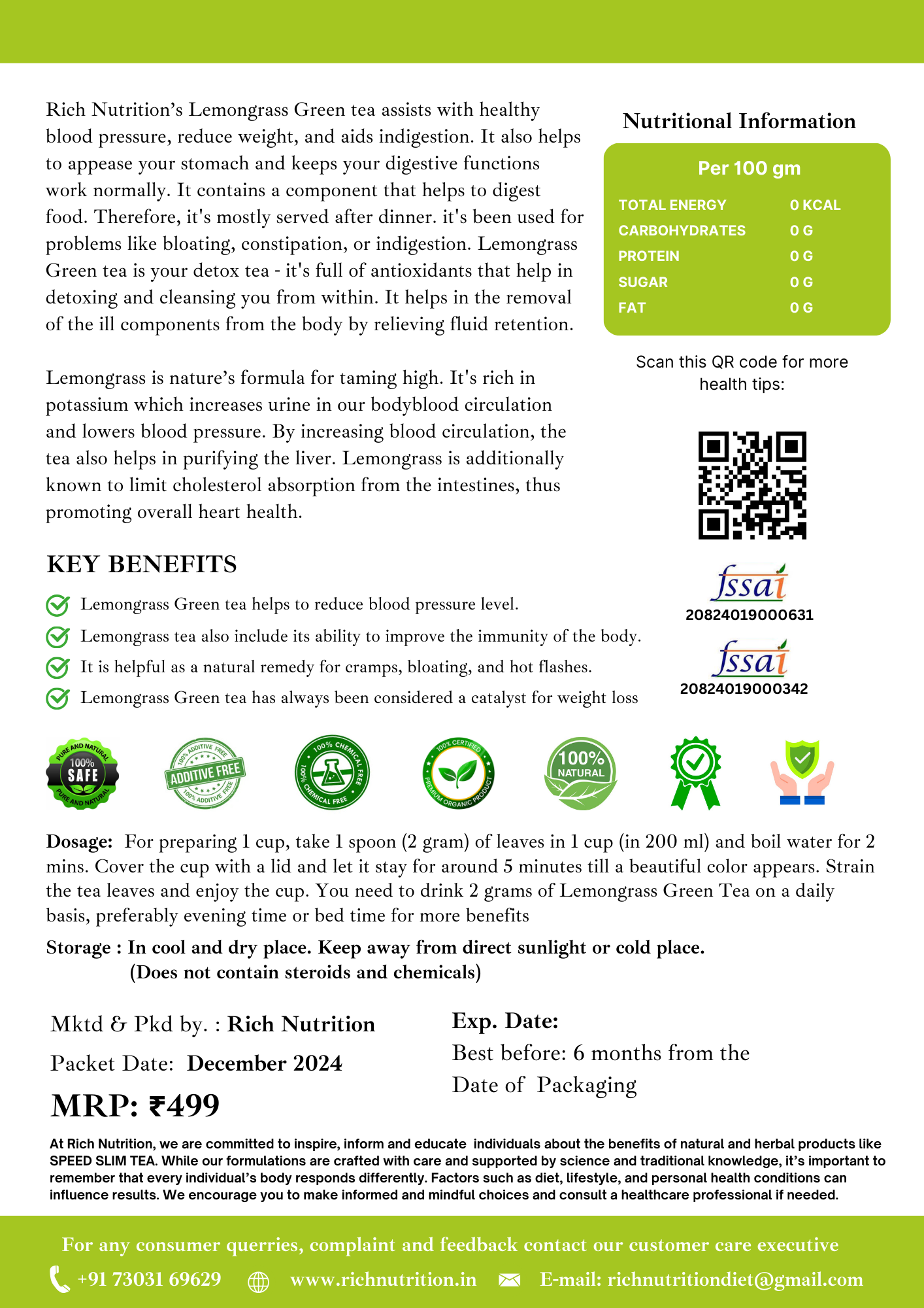 Lemongrass Tea - Supports healthy blood pressure, reduce weight, and aids indigestion | 40 grams