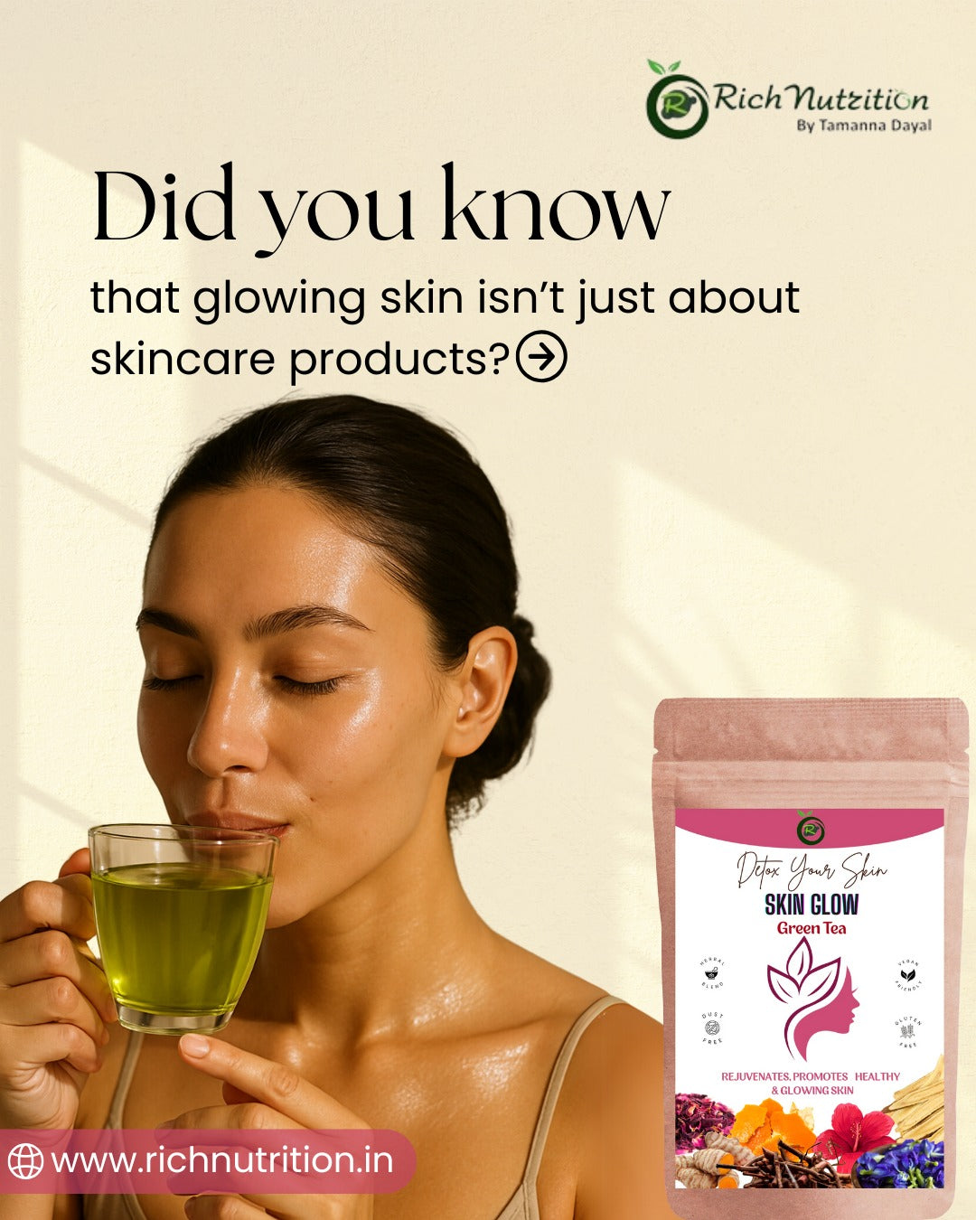 Rich Nutrition Skin Glow Tea, Help In Skin Shine, Moisturized Skin, Acne, Anti-Aging, 100 grams, 1 Month Pack
