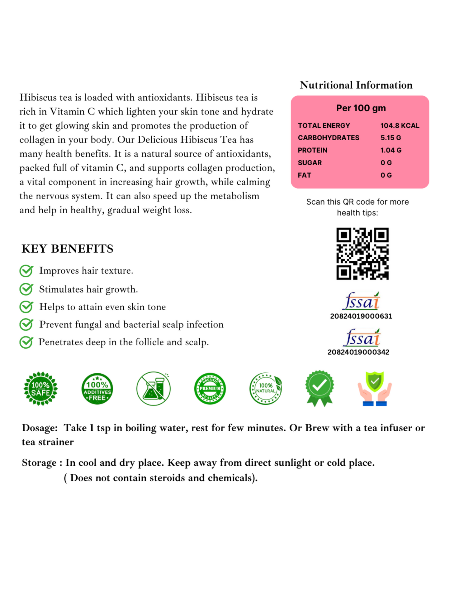 Hibiscus Tea- 40 Grams | Premium Hibiscus Tea Leaves | 100% Natural Hibiscus Flower Herbal Tea Whole Leaf | Hibiscus Loose Tea | Use For Iced Tea | Improve Digestion