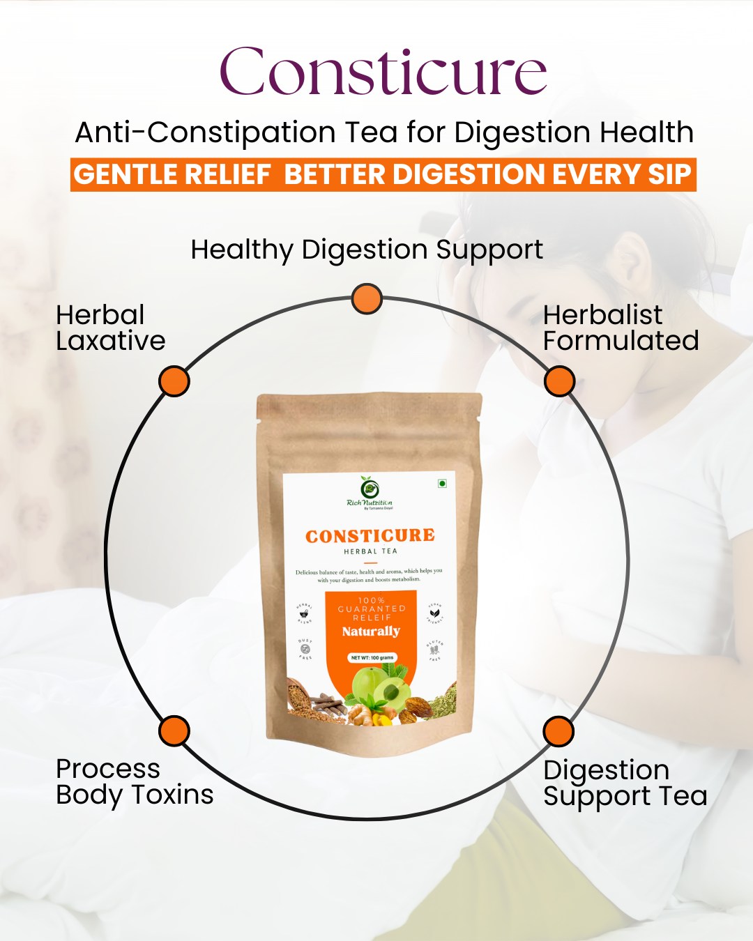 Consticure Anti-Constipation Tea (100g )|Tea for Digestion Health|Laxative Tea for Women|Constipation Relief & Gas Relief, Bloating|FSSAI Certified